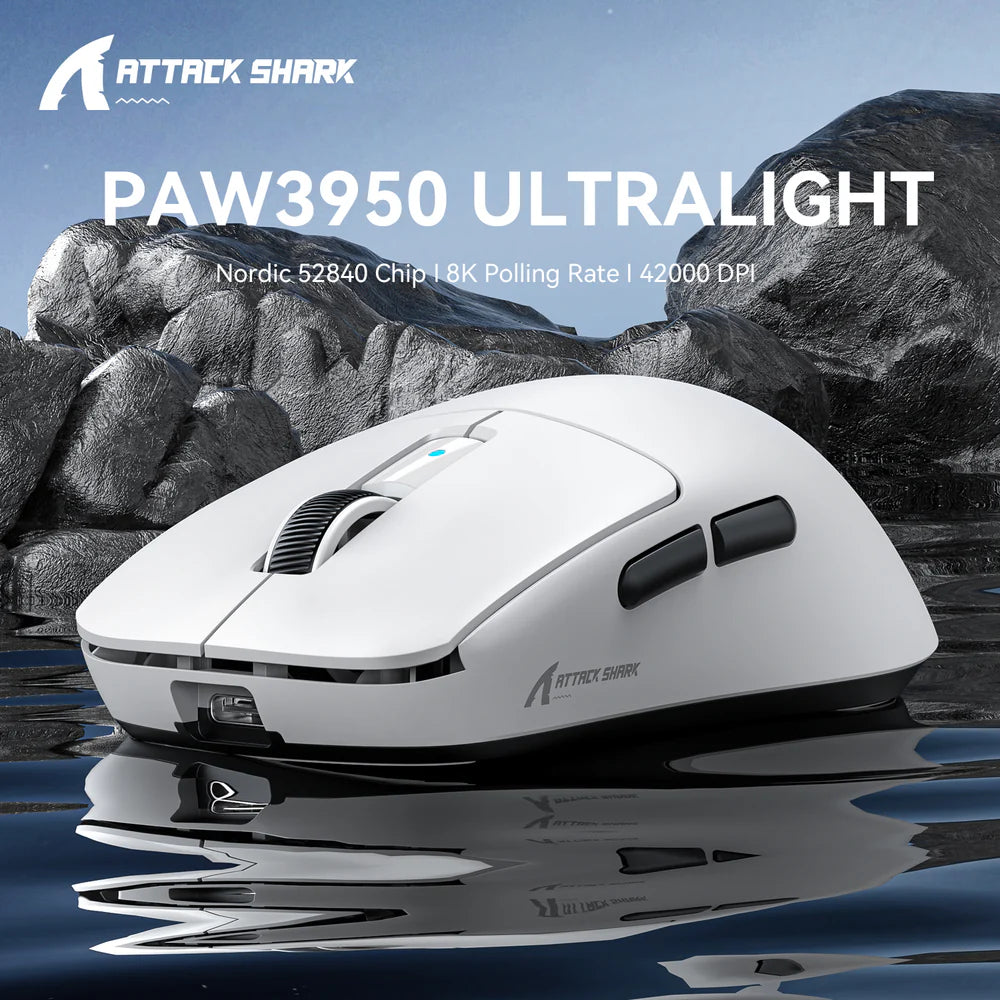 Attack Shark R6 Wireless Gaming Mouse 39g Superlight, PAW3950MAX 42K DPI, 8K Polling With Dedicated Receiver, Tri-Mode 2.4G/Bluetooth/Wired, Omron Optical 100M, 300mAh Battery, for PC/Laptop/Mac PC/Laptop/Mac | White