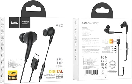 Hoco M83 - Original Series Wire-Controlled Digital Earphones With Microphone, Plug: Type-C, Cable Length: 1.2m, Compatible With Huawei Xiaomi OnePlus iPad Pro/iPad Air With Type-C Interface - Black