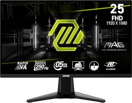 MSI MAG 255XFV 25-inch Gaming Monitor, 1920 x 1080 (FHD), 0.5ms Response Time, 250Hz, HDMI, DP Port, Tilt Adjustable