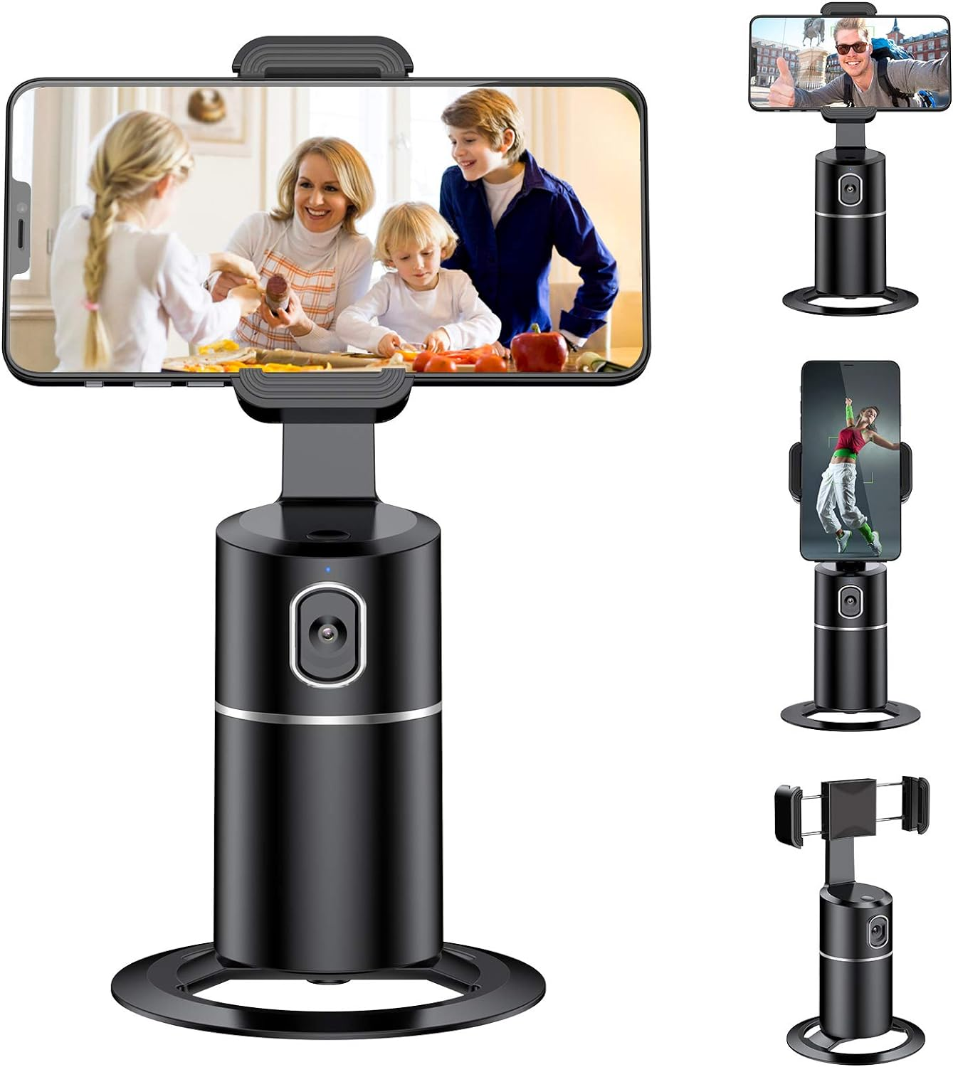 Auto Face Tracking Phone Holder, No App Required, 360° Rotation Face Body Phone Tracking Tripod Smart Shooting Camera Mount for Live Vlog Streaming Video, Rechargeable Battery-Black