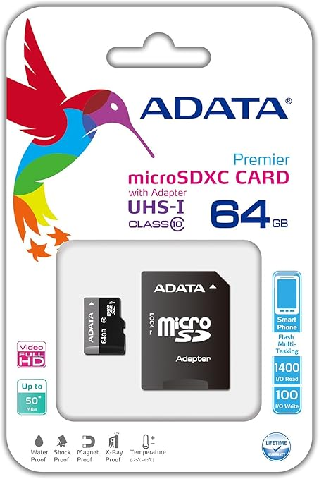 ADATA Premier 64GB microSDHC/SDXC UHS-I U1 Class 10 Memory Card with Adapter
