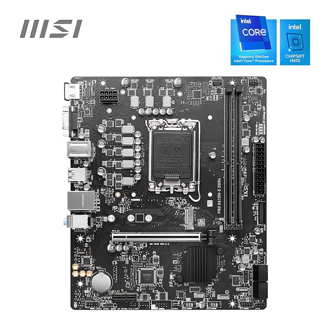 MSI PRO H610M-S DDR4 Motherboard, Micro-ATX - Supports 14th/13th/12th Gen Intel Core Processors, LGA 1700-2 x DIMMs (3200MHz), 1x PCIe 4.0 x16 Slot, 1 x M.2 Gen3, USB 3.2 Gen1, 1G LAN, HDMI 1.4