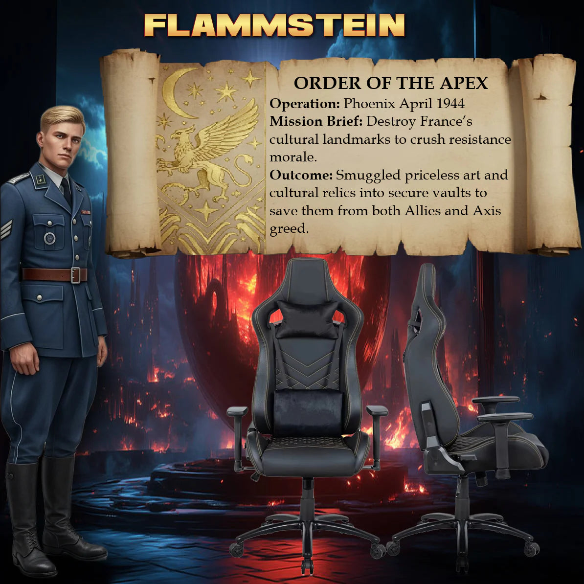 Apex Seat “FlammStein” Artisan-Crafted Gaming Chair Leather & Velvet Blend Gold Embroidered Black Throne|AP-2047