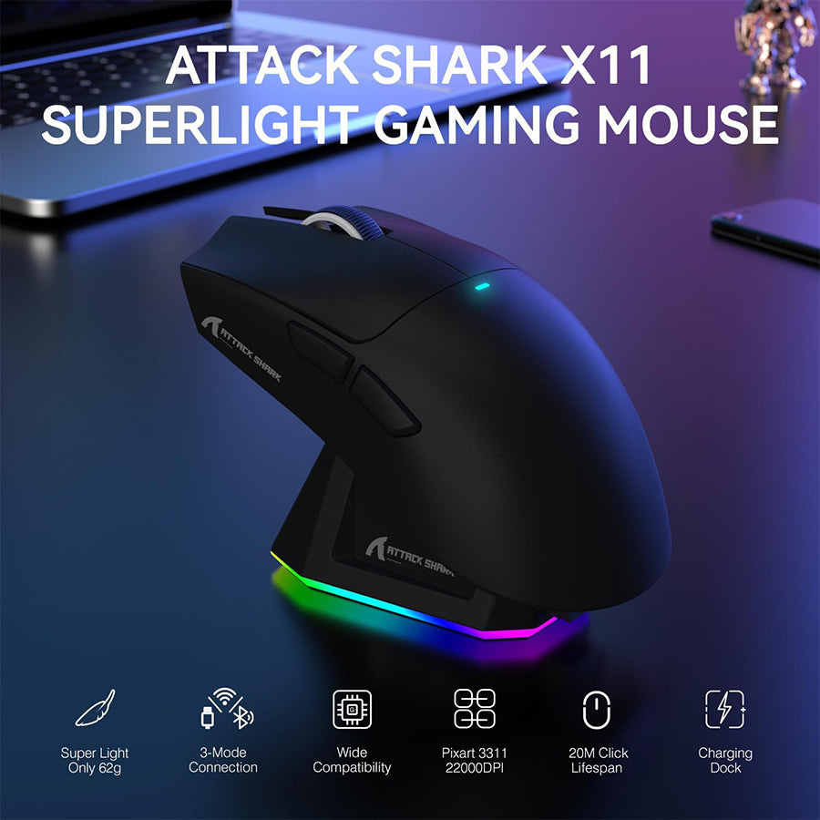ATTACK SHARK X11 TRI MODE CONNECTION MOUSE & CHARGING DOCK - Black