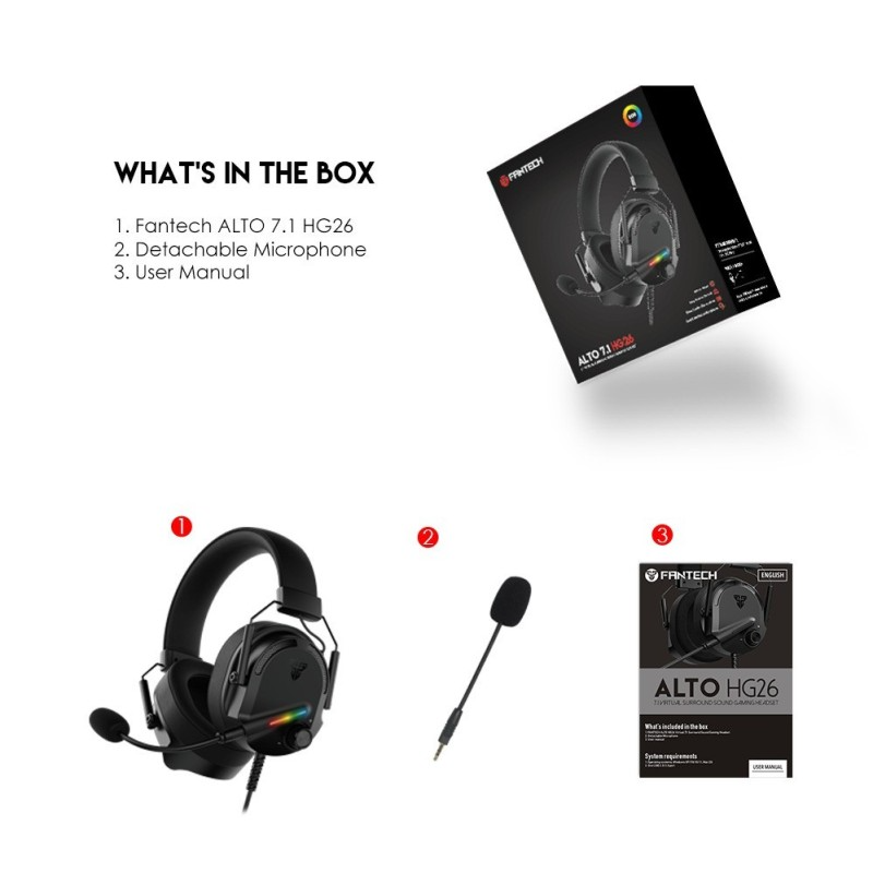 Fantech HG26 ALTO, USB 7.1 Virtual surround sound Gaming Headset With RGB lighting, Detachable Microphone, Crystal-clear & Powerful Sound