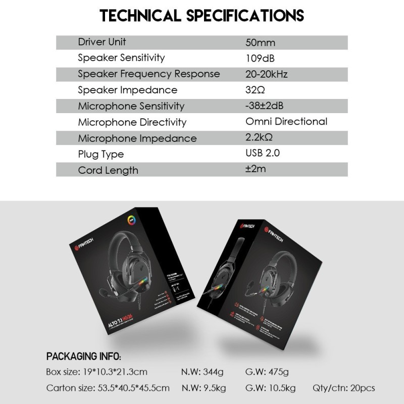Fantech HG26 ALTO, USB 7.1 Virtual surround sound Gaming Headset With RGB lighting, Detachable Microphone, Crystal-clear & Powerful Sound