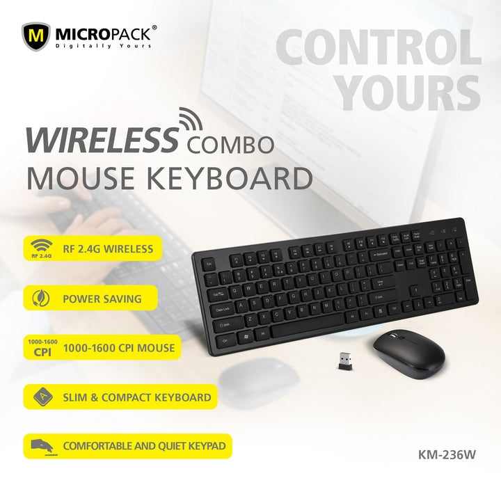 Micropack Ifree Pro Elegant Wireless Combo Keyboard & Mouse, Black, English | KM-236W