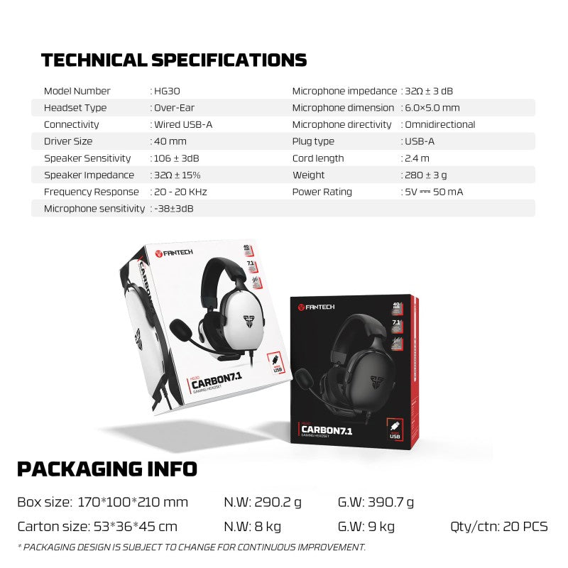 Fantech HG30 CARBON USB 7.1 Virtual surround sound Gaming Headset, Crystal-clear & Powerful Sound