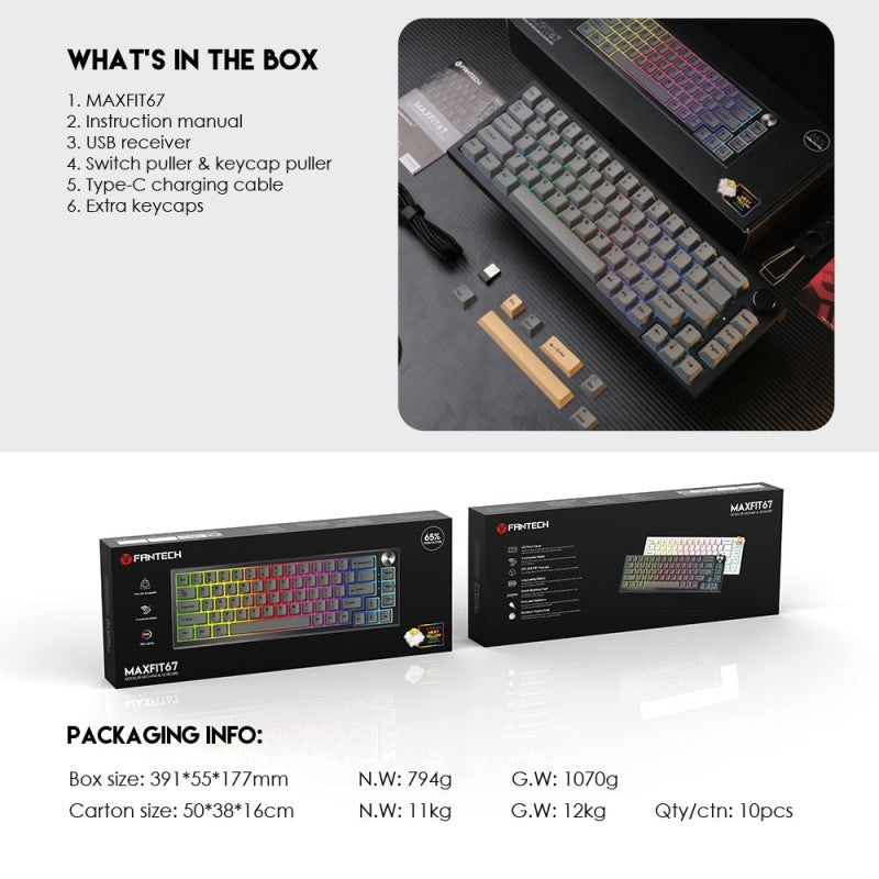 Fantech MK858 MAXFIT67, 3 Modes:
Bluetooth, Wireless & Wired,