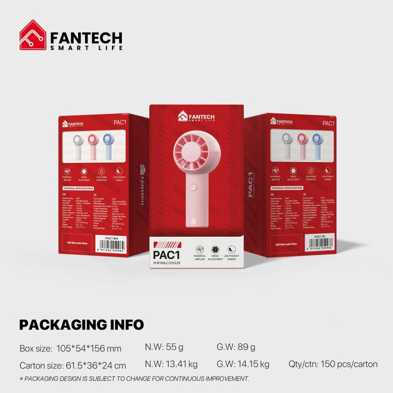 FANTECH PAC1 Portable Cooler, Turbo Fan, 3-Speed Control, Pocket-Sized Design, and Rechargeable Battery Mini fan