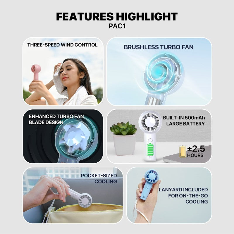 FANTECH PAC1 Portable Cooler, Turbo Fan, 3-Speed Control, Pocket-Sized Design, and Rechargeable Battery Mini fan