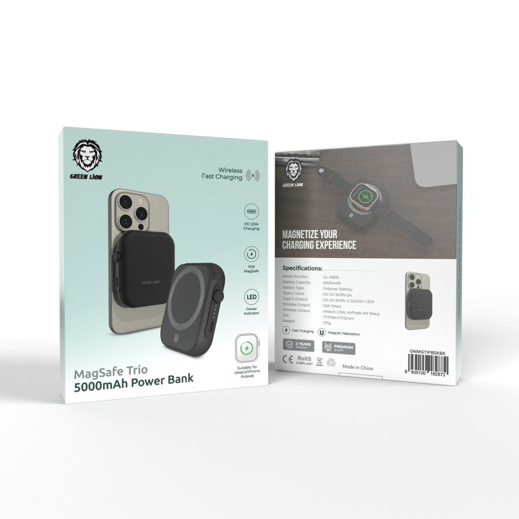 Green Lion MagSafe Trio Power Bank 5000mAh PD 20W - Black