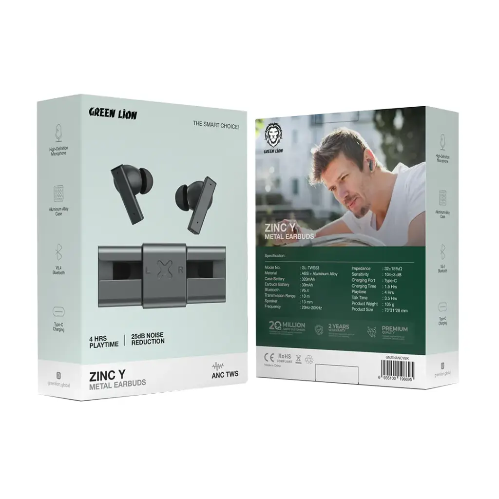 Green Lion ZINC Y Metal Earbuds TWS with ANC - Black
