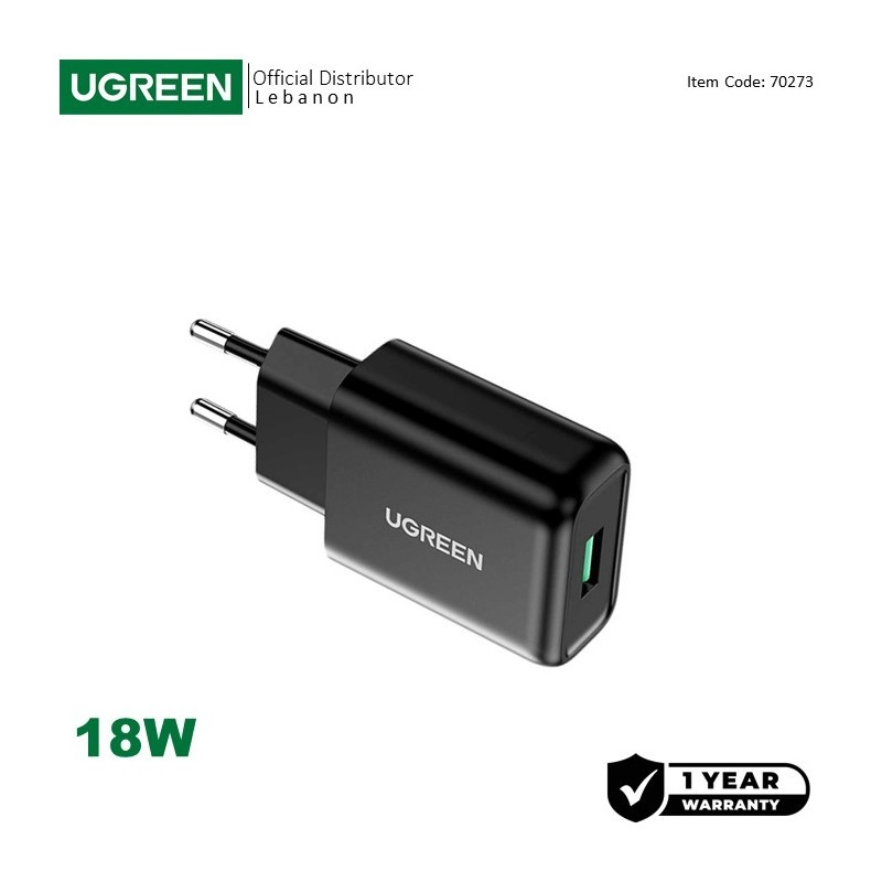 UGREEN 18W QC3.0 USB-A Smart & Fast Charger for Phones, Tablets & Ipads - CD122 70273