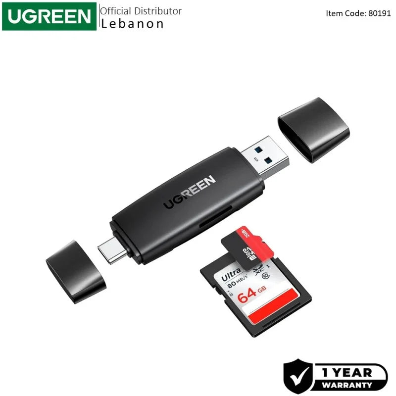 UGREEN 2-in-1 USB 3.0 & USB-C SD Card Reader – High-Speed Dual Card Transfer, Compact - CM304 80191