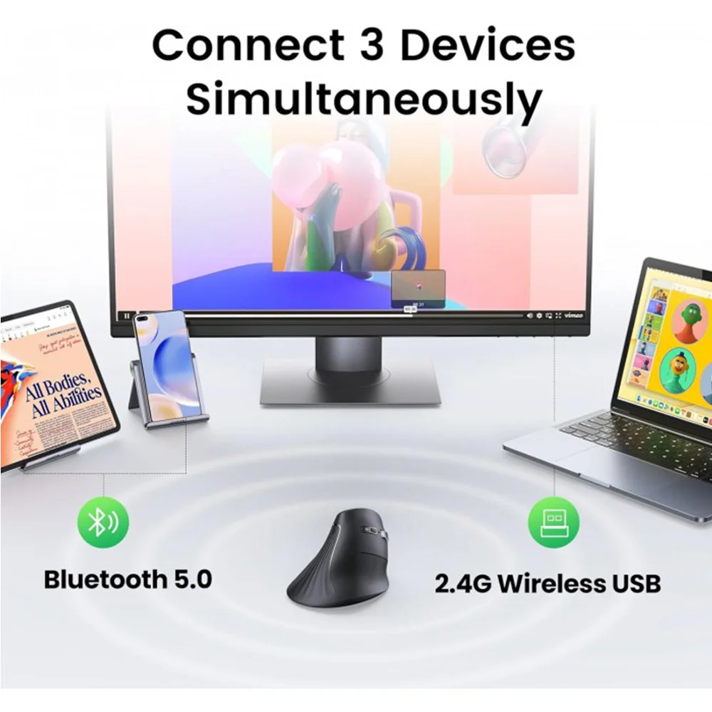 UGREEN Vertical Mouse Wireless (Bluetooth 5.0+2.4G) Ergonomic Mouse with 5 Buttons, 1000/1600/2000/4000 DPI, Prevention of Mouse Arm, Vertical Mouse Compatible with PC/Laptop/Tablet, Black