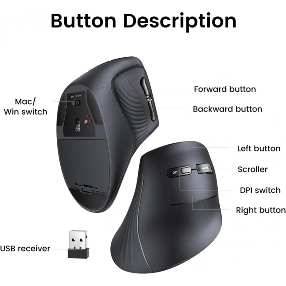 UGREEN Vertical Mouse Wireless (Bluetooth 5.0+2.4G) Ergonomic Mouse with 5 Buttons, 1000/1600/2000/4000 DPI, Prevention of Mouse Arm, Vertical Mouse Compatible with PC/Laptop/Tablet, Black