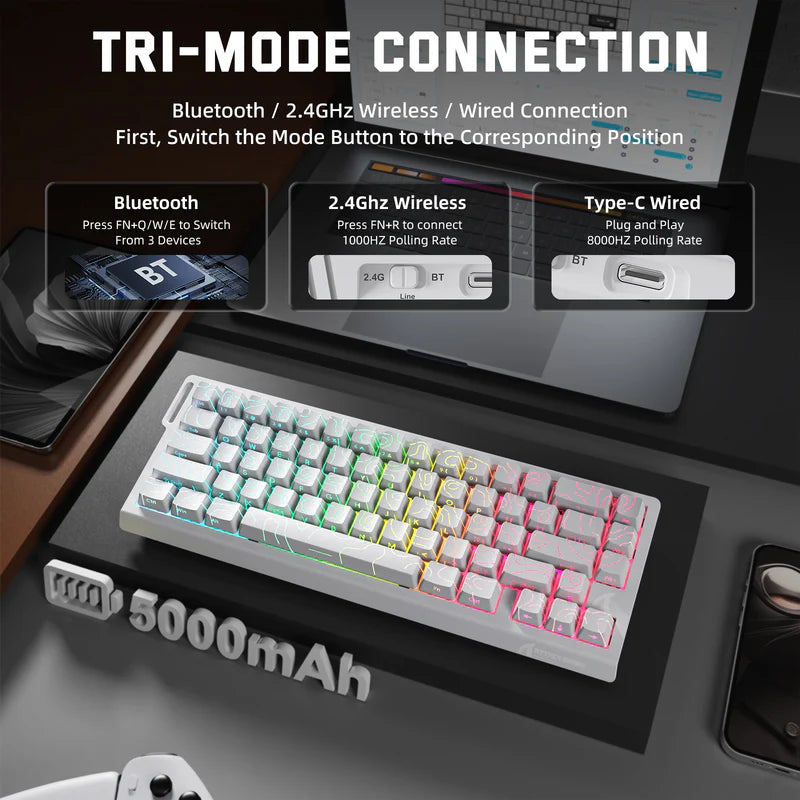 Attack Shark X68 Pro HE Mechanical Keyboard – 68 Keys, Magnetic Switches, Tri-Mode, Rapid Trigger 0.01mm, 8K Polling, Hot-Swap, RGB Backlight, 5000mAh, White