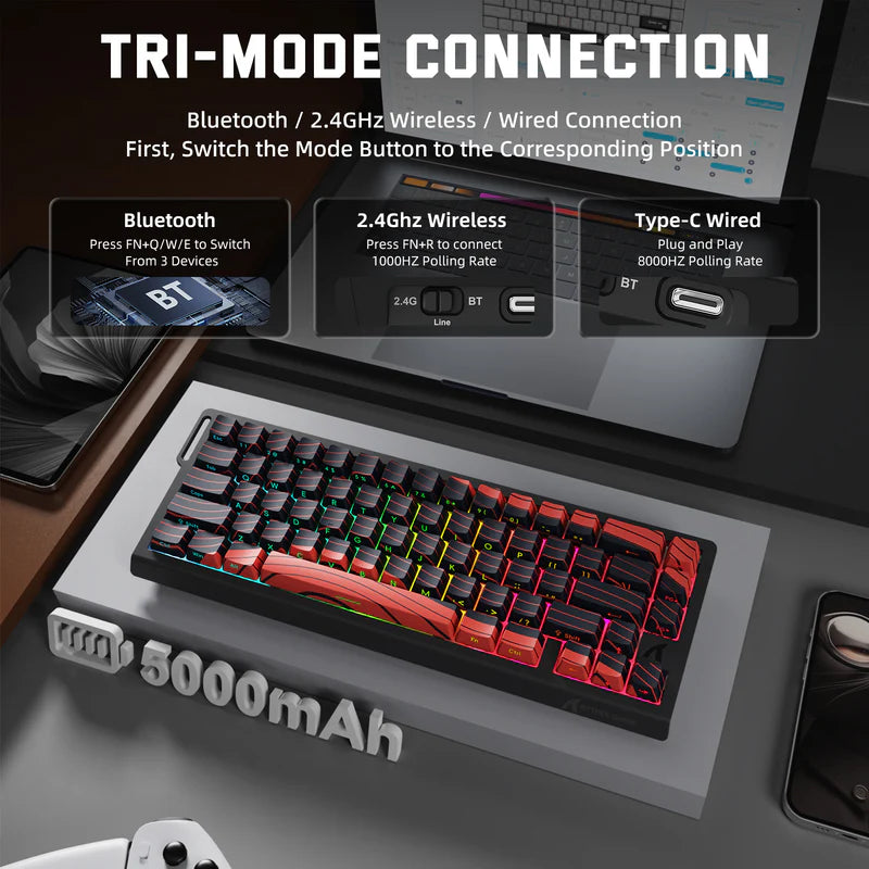 Attack Shark X68 Pro HE Mechanical Keyboard – 68 Keys, Magnetic Switches, Tri-Mode, Rapid Trigger 0.01mm, 8K Polling, Hot-Swap, RGB Backlight, 5000mAh, Black & Red Contour