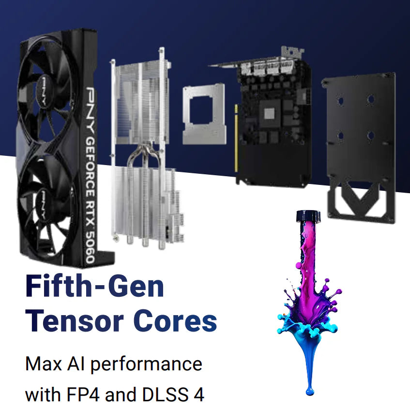 PNY GeForce RTX™ 5060 8GB Dual Fan Graphics Card With NVIDIA Blackwell, DLSS 4, 3840 CUDA Cores, GDDR7 8GB, PCIe Gen 5, 4K/8K Multi-Screen, NVIDIA Studio & Reflex