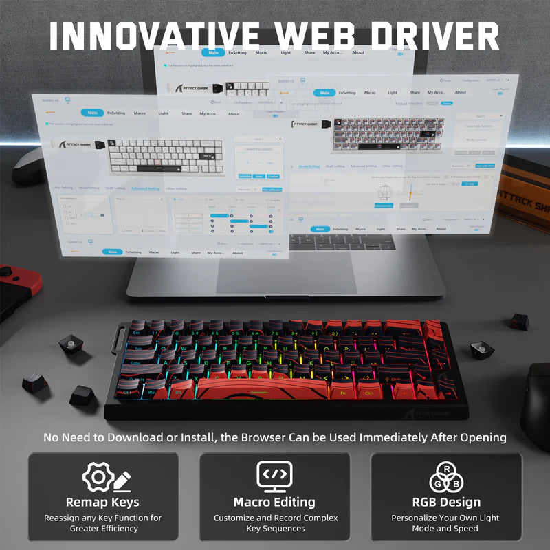 Attack Shark X68 Pro HE Mechanical Keyboard – 68 Keys, Magnetic Switches, Tri-Mode, Rapid Trigger 0.01mm, 8K Polling, Hot-Swap, RGB Backlight, 5000mAh, Black & Red Contour