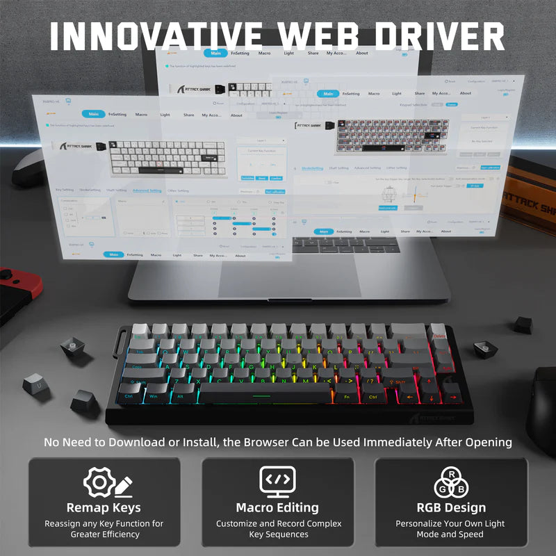 Attack Shark X68 Pro HE Mechanical Keyboard – 68 Keys, Magnetic Switches, Tri-Mode, Rapid Trigger 0.01mm, 8K Polling, Hot-Swap, RGB Backlight, 5000mAh, Moon Night color