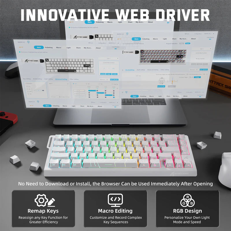 Attack Shark X68 Pro HE Mechanical Keyboard – 68 Keys, Magnetic Switches, Tri-Mode, Rapid Trigger 0.01mm, 8K Polling, Hot-Swap, RGB Backlight, 5000mAh, White