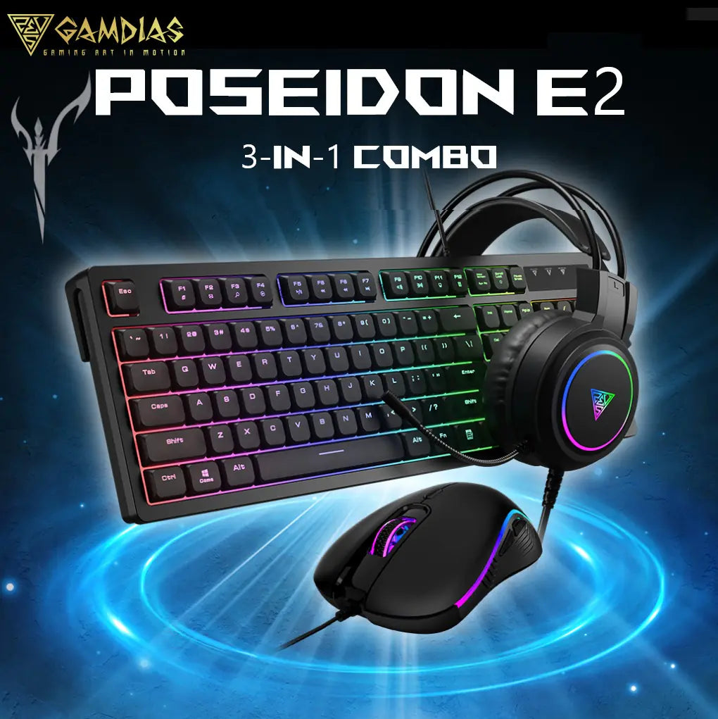 GAMDIAS Poseidon E2 3-In-1 Gaming Combo – Rainbow Backlit Membrane Keyboard, 3600 DPI Multi-Color Mouse, 50mm Driver Headset, Ergonomic Design, Durable Build, USB & 3.5mm Connectivity