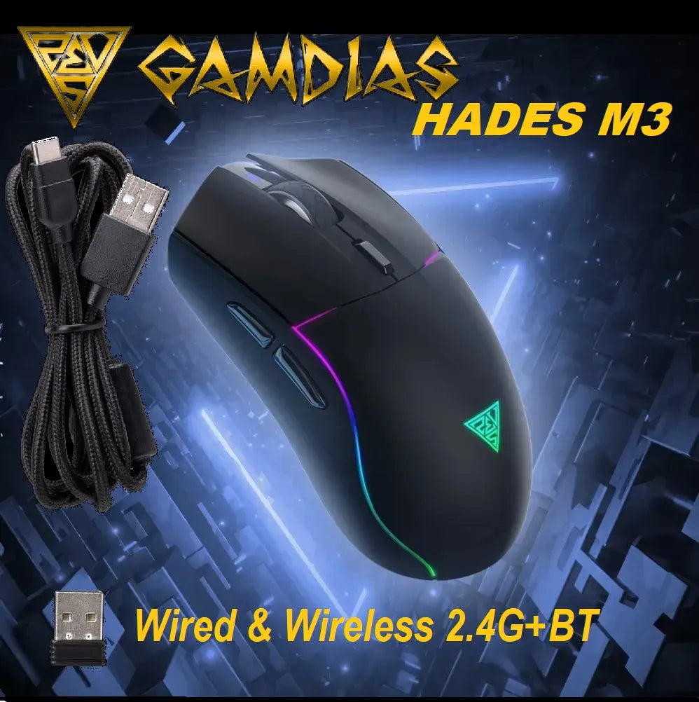 GAMDIAS HADES M3 RGB Wireless Gaming Mouse ; low-latency 2.4GHz Wireless, Wired USB Type-C to A, and Bluetooth Connections ; Lightweight 79-gram ; 7 Keys ; Adjustable 10000 DPI Advanced Gaming Optical Sensor |HADES M3