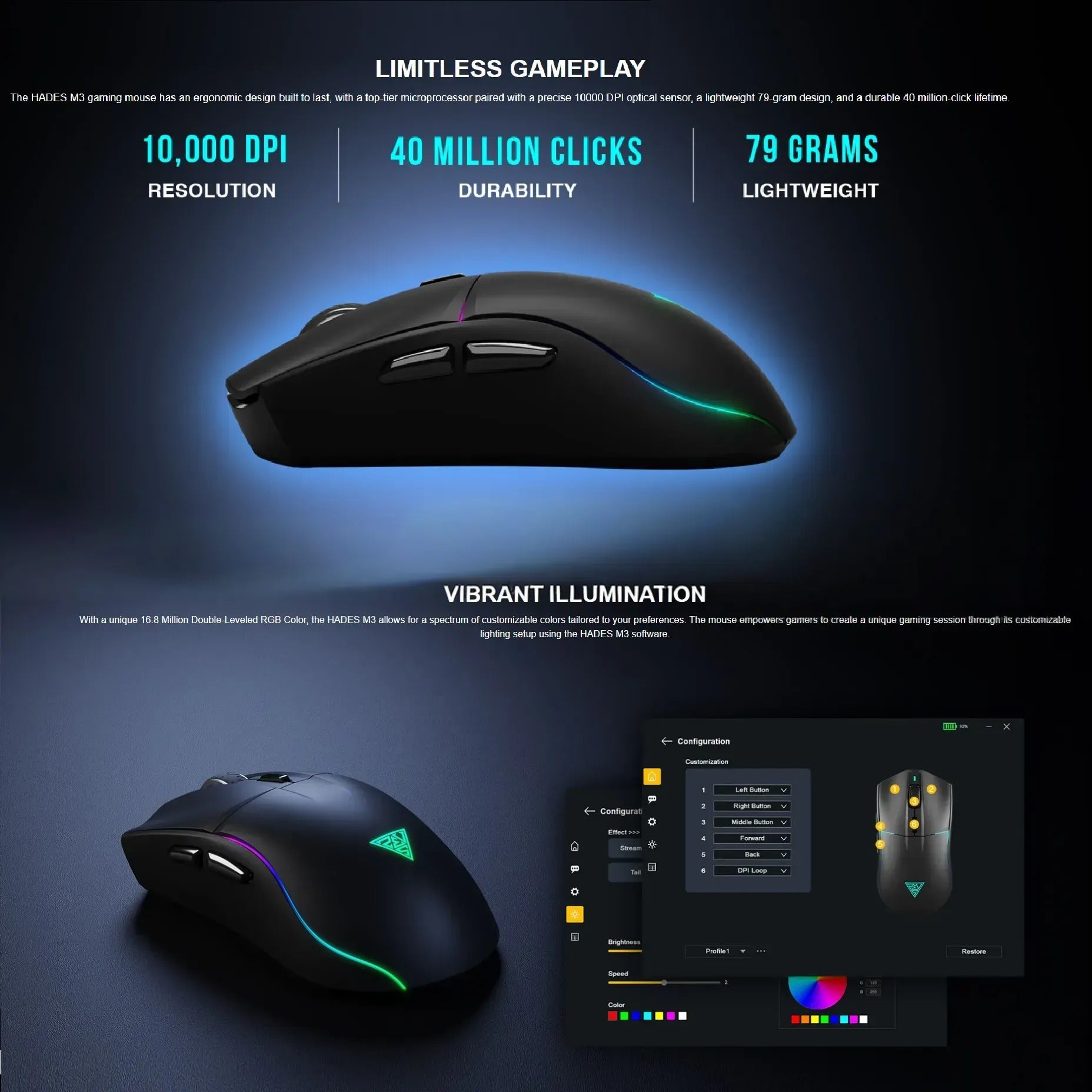 GAMDIAS HADES M3 RGB Wireless Gaming Mouse ; low-latency 2.4GHz Wireless, Wired USB Type-C to A, and Bluetooth Connections ; Lightweight 79-gram ; 7 Keys ; Adjustable 10000 DPI Advanced Gaming Optical Sensor |HADES M3