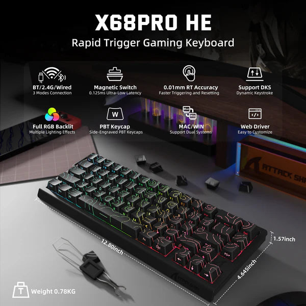 ATTACK SHARK X68 PRO HE MAGNETIC TRI MODE RGB MECHANICAL KB BLK