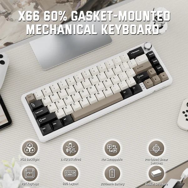 ATTACK SHARK X66 Wireless Mechanical Keyboard with Side Printed PBT Keycaps|CHEESEWHITE|