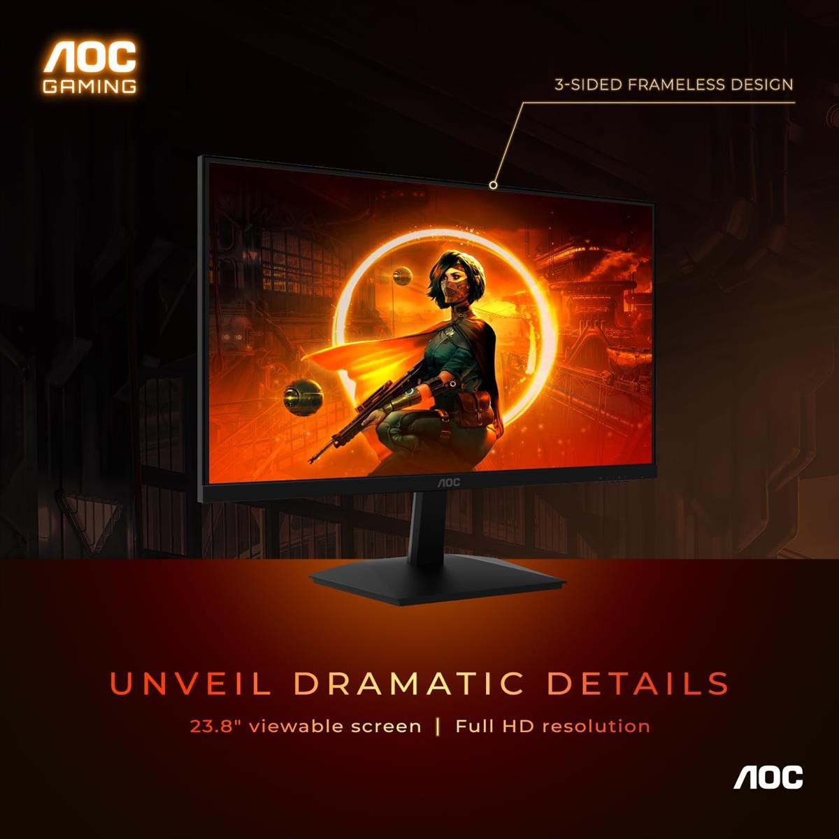 AOC 24G15N 24 inch Gaming Monitor, Full HD 1920x1080, 180Hz 1ms, 1x HDMI 2.0, 1x Display Port, AMD FreeSync, 3-Sided Frameless, HDR Ready, Console Gaming Ready, 3-Year Zero-Bright-Dot