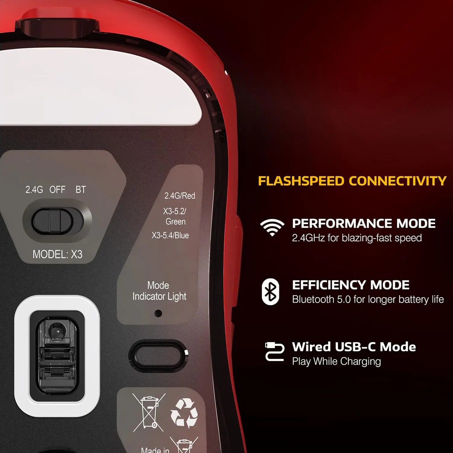 Attack Shark X3 49g Superlight Wireless Gaming Mouse – PAW3395 Sensor, 26K DPI, Tri-Mode (2.4G/Bluetooth/Wired), 1000Hz, 200-Hour Battery, TTC Encoder – Red