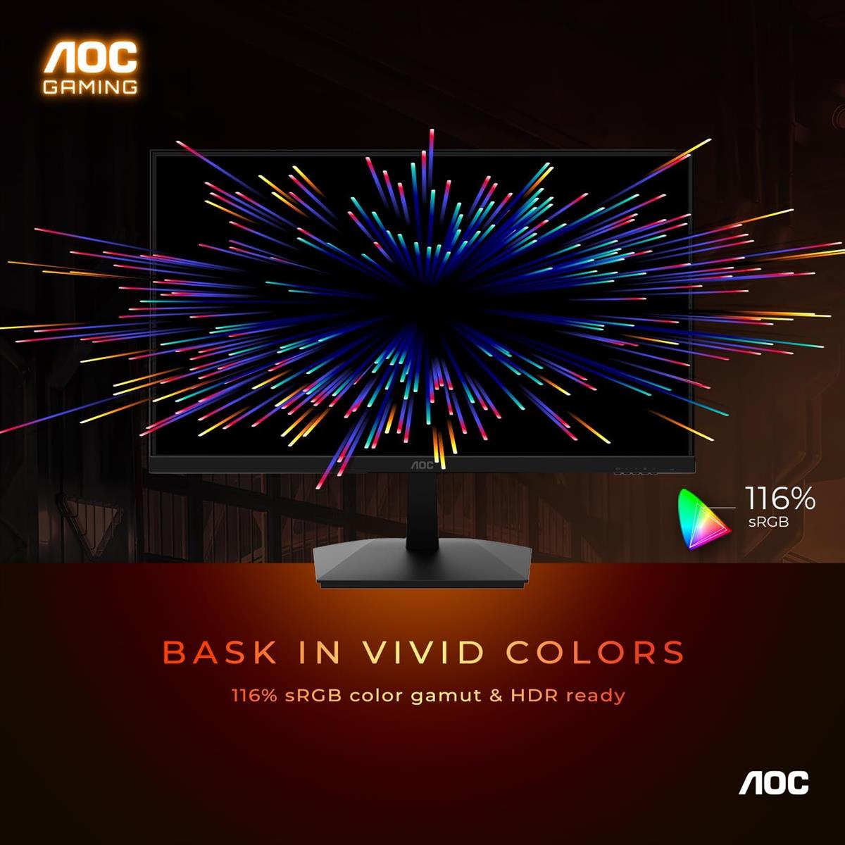AOC 24G15N 24 inch Gaming Monitor, Full HD 1920x1080, 180Hz 1ms, 1x HDMI 2.0, 1x Display Port, AMD FreeSync, 3-Sided Frameless, HDR Ready, Console Gaming Ready, 3-Year Zero-Bright-Dot