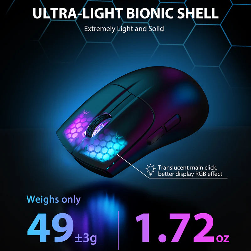 ATTACK SHARK X5 RGB Ultra-Light 49g Wireless Gaming Mouse, PixArt PAW3212 Sensor 4000 DPI, Tri-Mode Wired/2.4G/BT5.1, RGB Honeycomb Design | Black