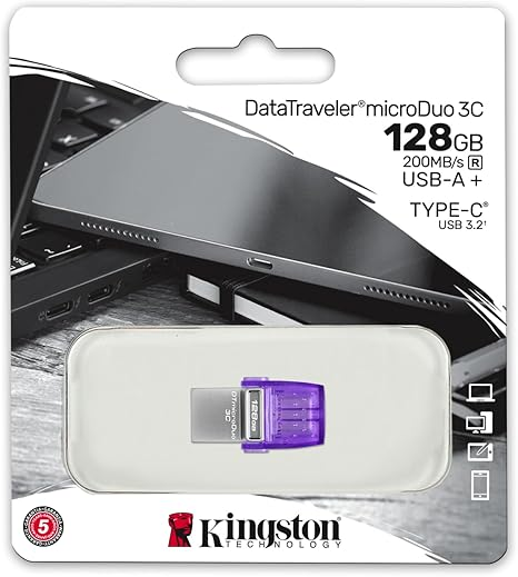 Kingston DataTraveler microDuo 3C 128GB USB-C & USB-A Flash Drive | Speeds up to 200 MB/s | USB 3.2 Gen 1 | Duo Connector | DTDUO3CG3/128GB
