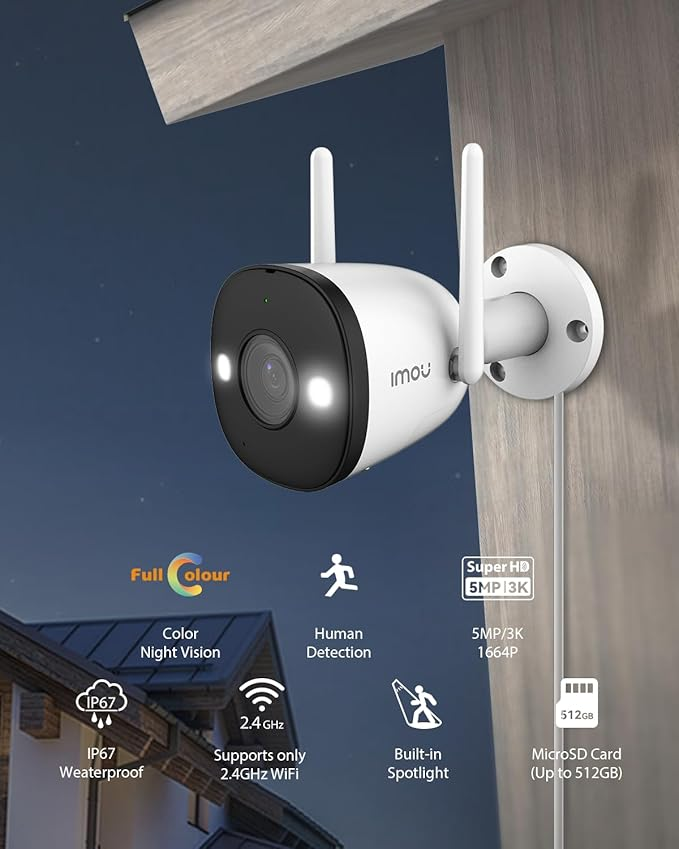 Imou 5MP High Definition Outdoor Security Bullet CCTV Camera, Color Night Vision, Human Detection, Up to 512GB SD Card, IP67, Spotlight, Audio Recording, WiFi & Ethernet Connection, Alexa Enabled, IPC-K3DP-5H0WF