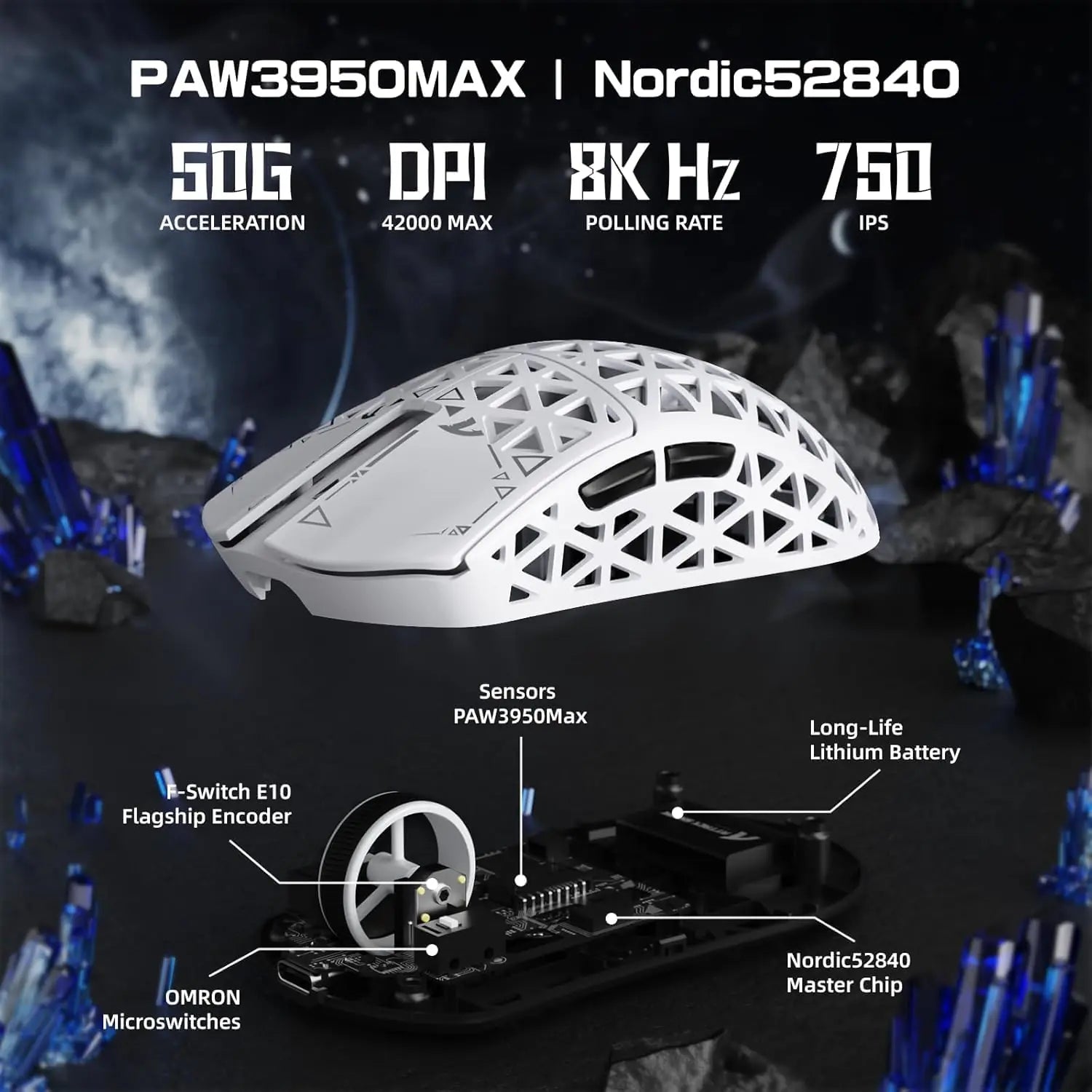 Attack Shark R5 Ultra 39g Wireless Gaming Mouse – Carbon Fiber Shell, PAW3950 Sensor, 42K DPI, 8000Hz Polling, Tri-Mode, Omron Switches, White Ergonomic Pro Mouse|WHITE