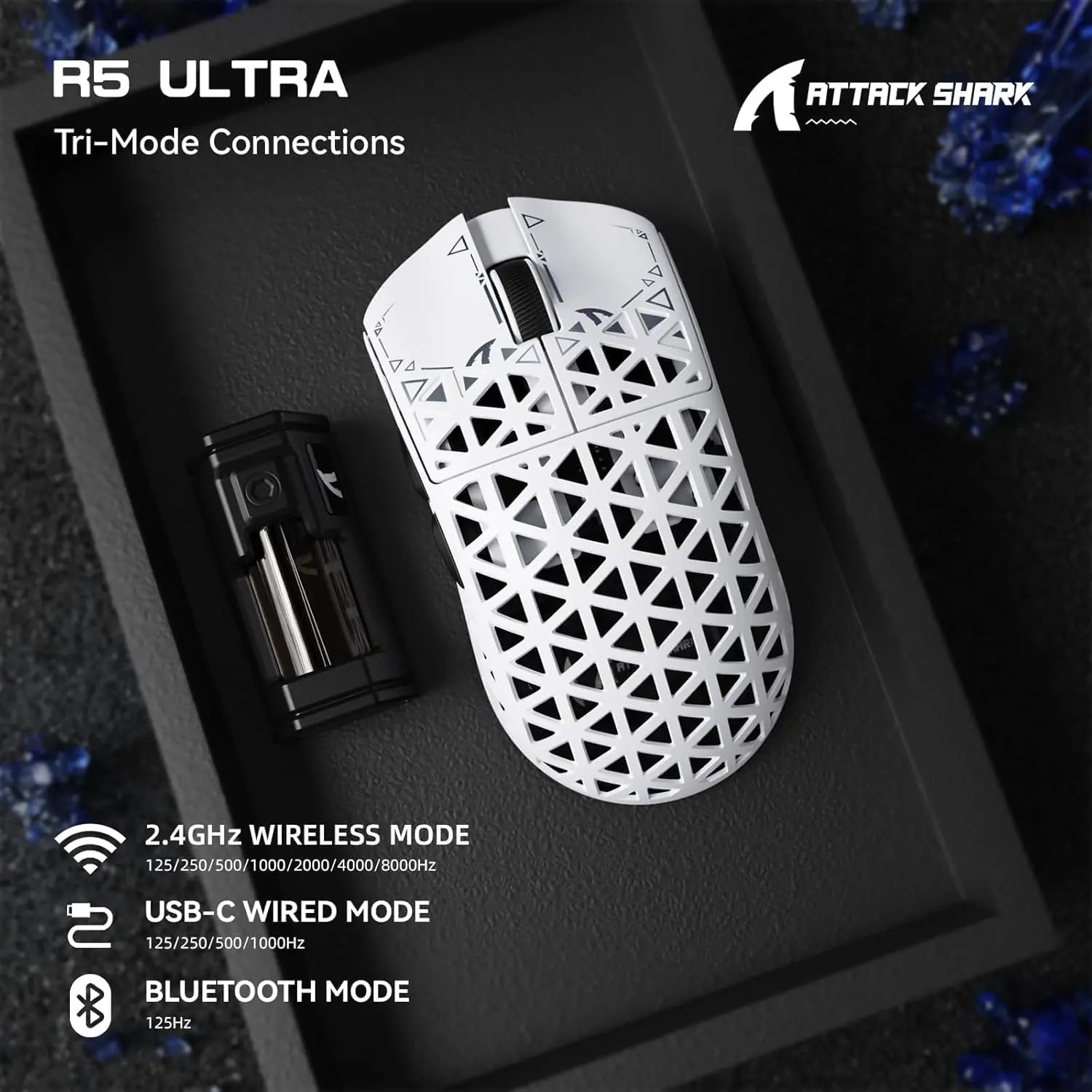 Attack Shark R5 Ultra 39g Wireless Gaming Mouse – Carbon Fiber Shell, PAW3950 Sensor, 42K DPI, 8000Hz Polling, Tri-Mode, Omron Switches, White Ergonomic Pro Mouse|WHITE
