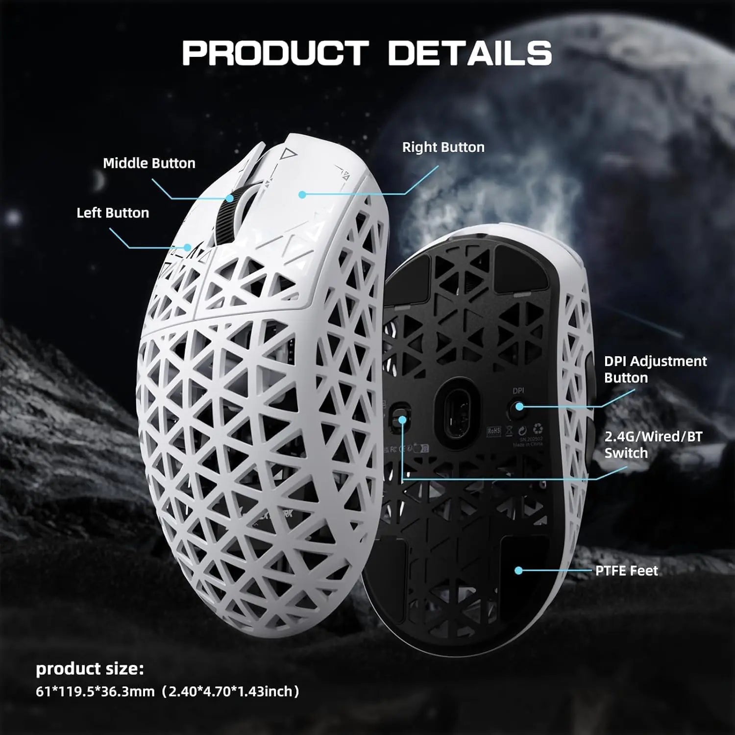 Attack Shark R5 Ultra 39g Wireless Gaming Mouse – Carbon Fiber Shell, PAW3950 Sensor, 42K DPI, 8000Hz Polling, Tri-Mode, Omron Switches, White Ergonomic Pro Mouse|WHITE