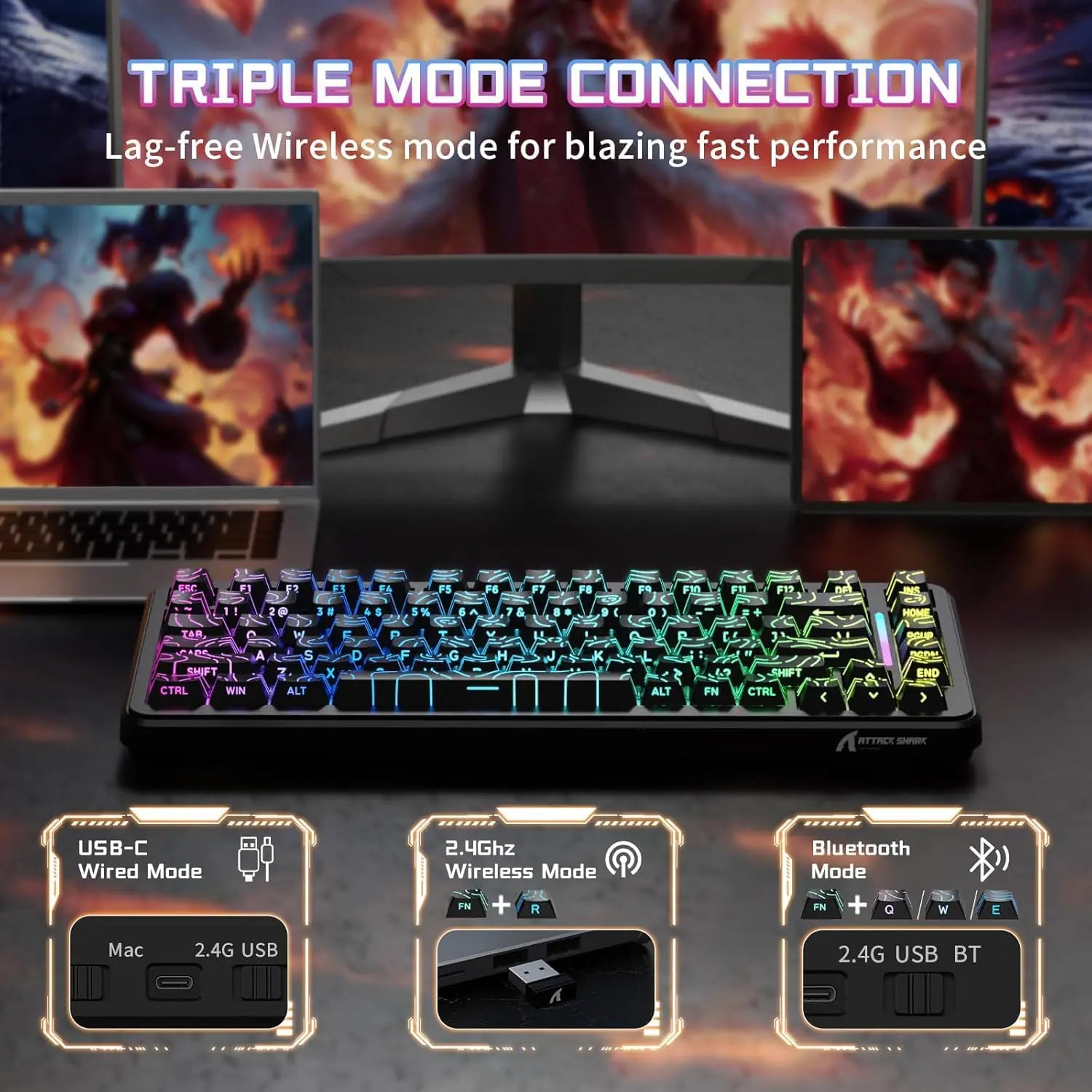 Attack Shark X82PRO HE Wireless Gaming Keyboard – Magnetic Switch, Black Contours, Rapid Trigger, Tri-Mode, Hot-Swap, RGB Backlight, 8000Hz Wired Polling|COMIC