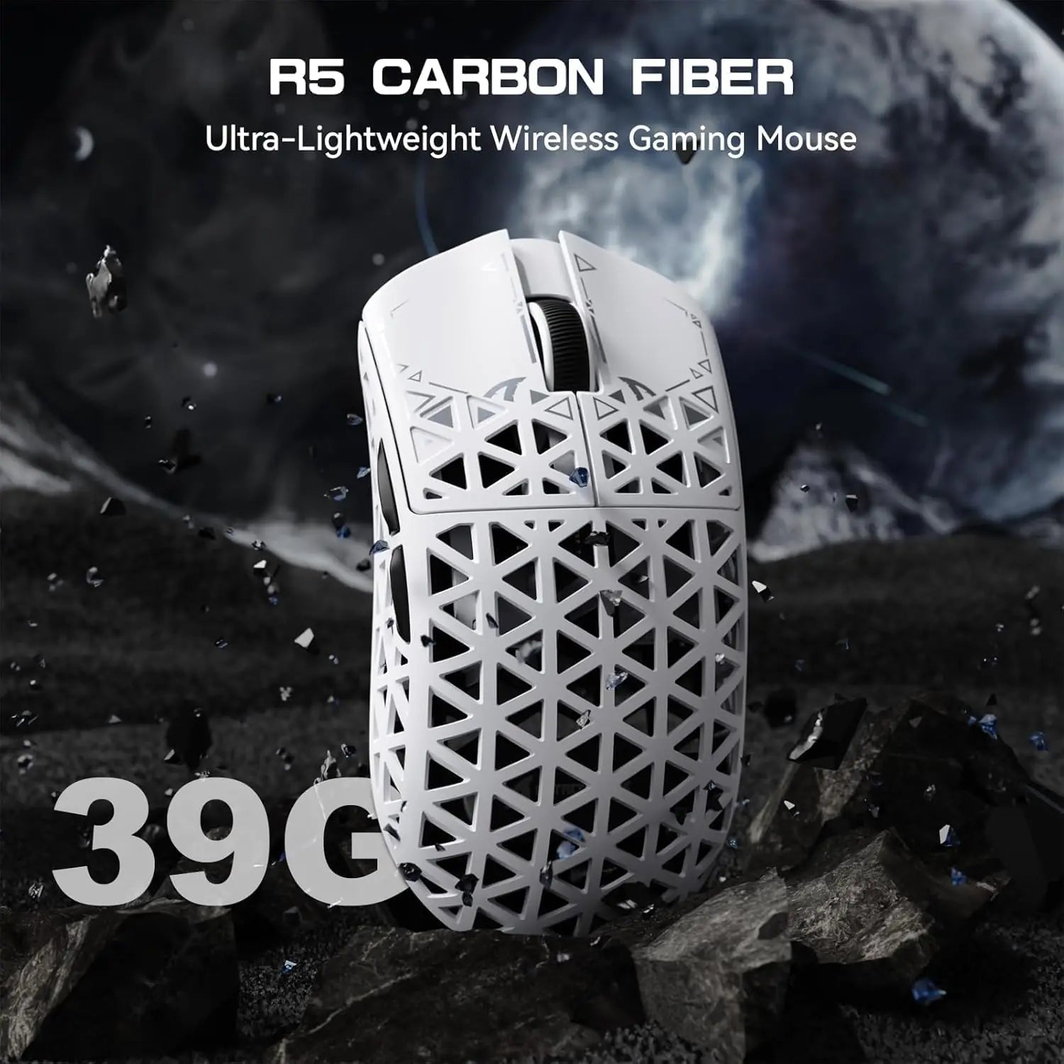 Attack Shark R5 Ultra 39g Wireless Gaming Mouse – Carbon Fiber Shell, PAW3950 Sensor, 42K DPI, 8000Hz Polling, Tri-Mode, Omron Switches, White Ergonomic Pro Mouse|WHITE