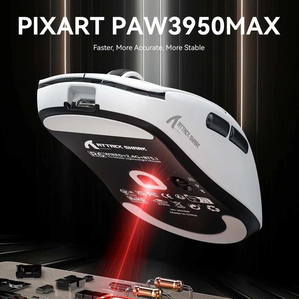 Attack Shark R6 Wireless Gaming Mouse 39g Superlight, PAW3950MAX 42K DPI, 8K Polling With Dedicated Receiver, Tri-Mode 2.4G/Bluetooth/Wired, Omron Optical 100M, 300mAh Battery, for PC/Laptop/Mac PC/Laptop/Mac | White