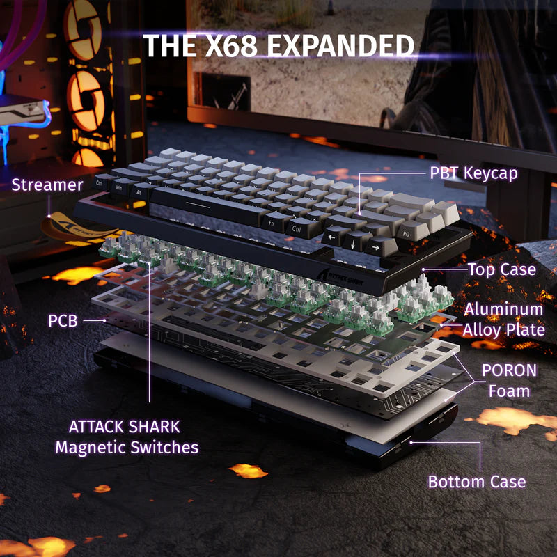 Attack Shark X68 HE Mechanical Keyboard – 66 Keys, Wired RGB, 8KHz Magnetic Switches, Rapid Trigger, Adjustable Actuation, RT/MT/DKS, Moon Night
