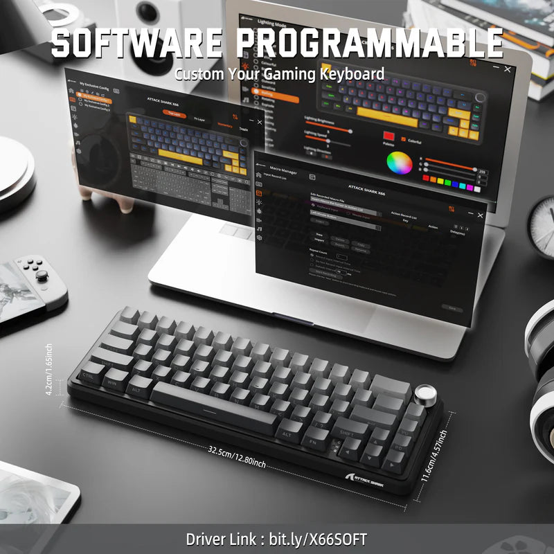Attack Shark X66 Mechanical Keyboard – 66 Keys, Tri-Mode Wireless, Strawberry Switches, RGB, Gasket Mount, Hot-Swappable, PBT Keycaps, MOONLIGHT