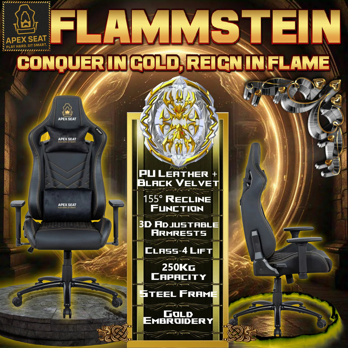 Apex Seat “FlammStein” Artisan-Crafted Gaming Chair Leather & Velvet Blend Gold Embroidered Black Throne|AP-2047