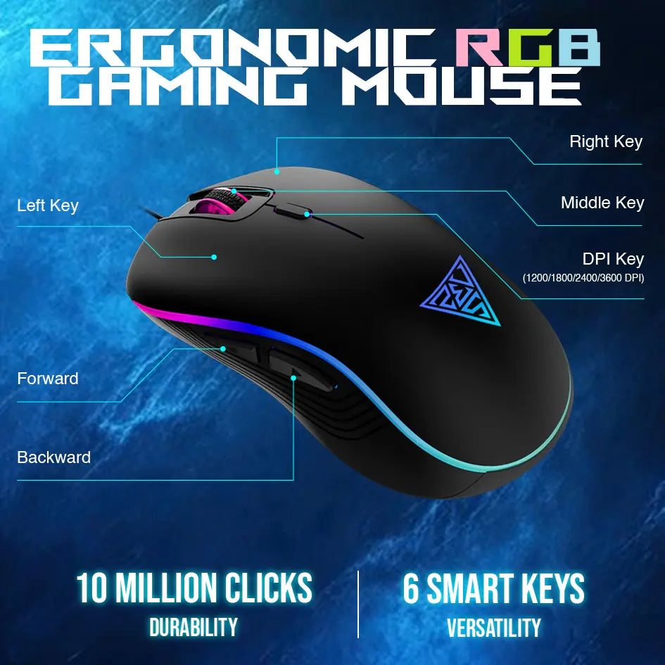 GAMDIAS Poseidon E2 3-In-1 Gaming Combo – Rainbow Backlit Membrane Keyboard, 3600 DPI Multi-Color Mouse, 50mm Driver Headset, Ergonomic Design, Durable Build, USB & 3.5mm Connectivity