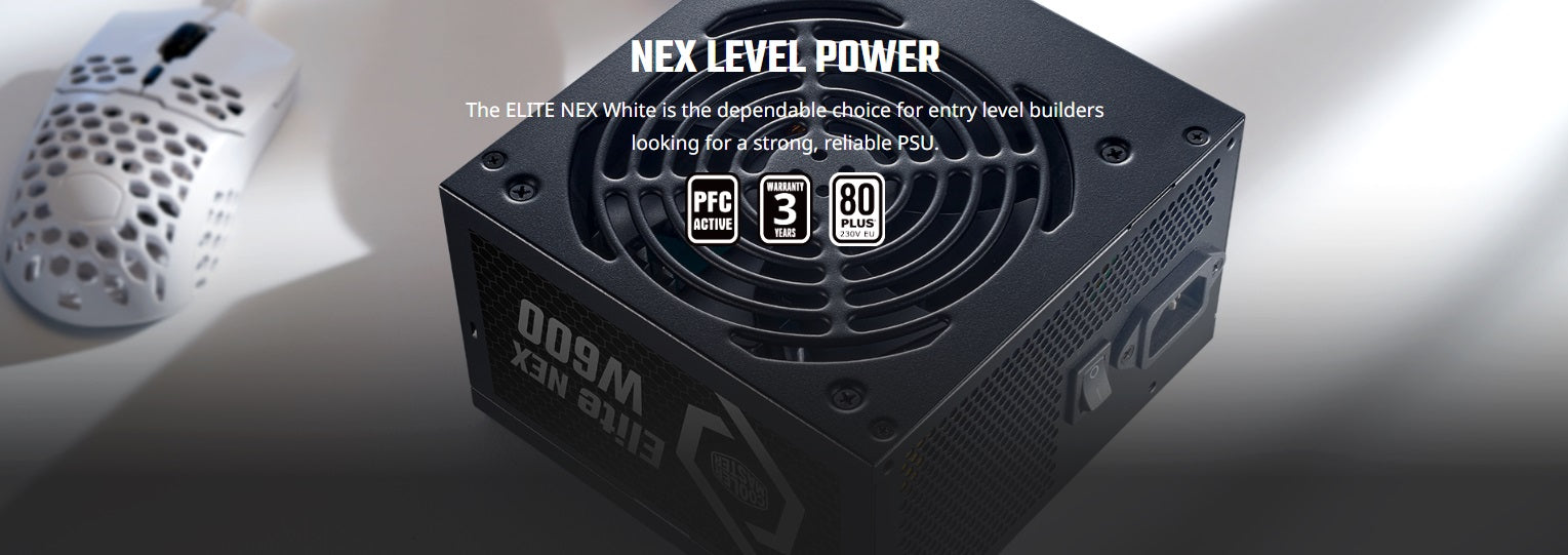 ELITE NEX WHITE W600 230V POWER SUPPLY ; 80 Plus standard certified efficiency ; NON-MODULAR PSU ; Active PFC ; dual forward topology design ; 120MM FAN ; ATX 12V Ver. 2.41 – BLACK
