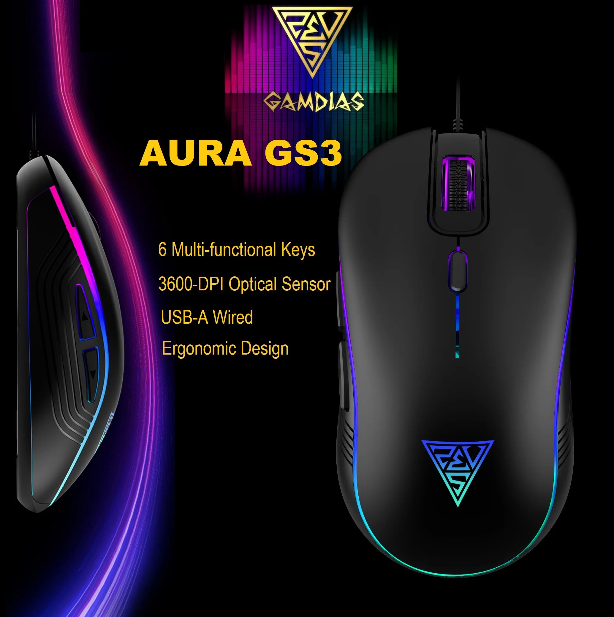 GAMDIAS AURA GS3 RGB Wired Gaming Mouse ; 7-color Breathing RGB ; 6 Programmable Keys ; 3600 DPI Optical Sensor ; Ergonomic Design ; USB-A Wired | BLACK